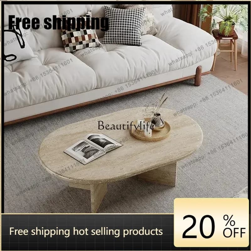 HJ Living Room Natural Travertine Round Coffee Table Modern Simple Luxury Stone Small Tea Table
