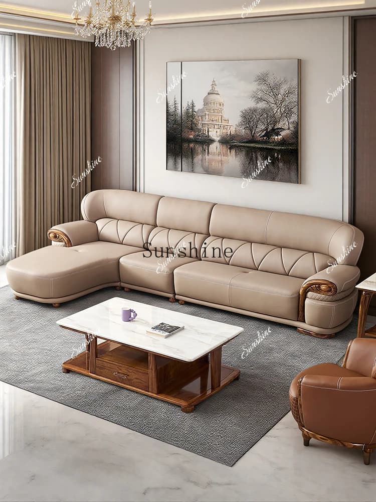 New Chinese-style ebony sofa leather corner L-shaped princess combination with modern style medium and small apartment  FT