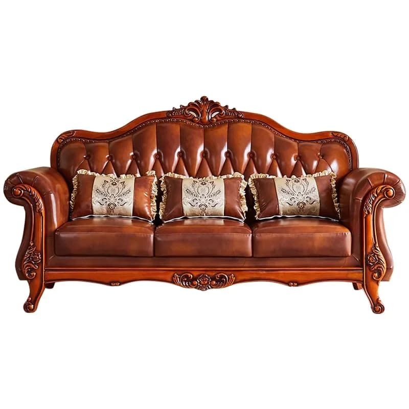 SA-3 European leather sofa small apartment living room solid wood carving flower retro style American luxury furniture simple