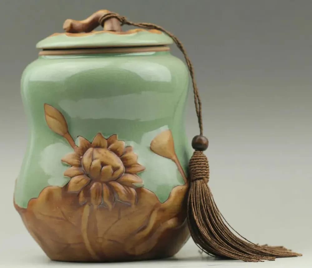 China Hand Made Pottery and Porcelain Lotus Flower Caddy Tea Canister