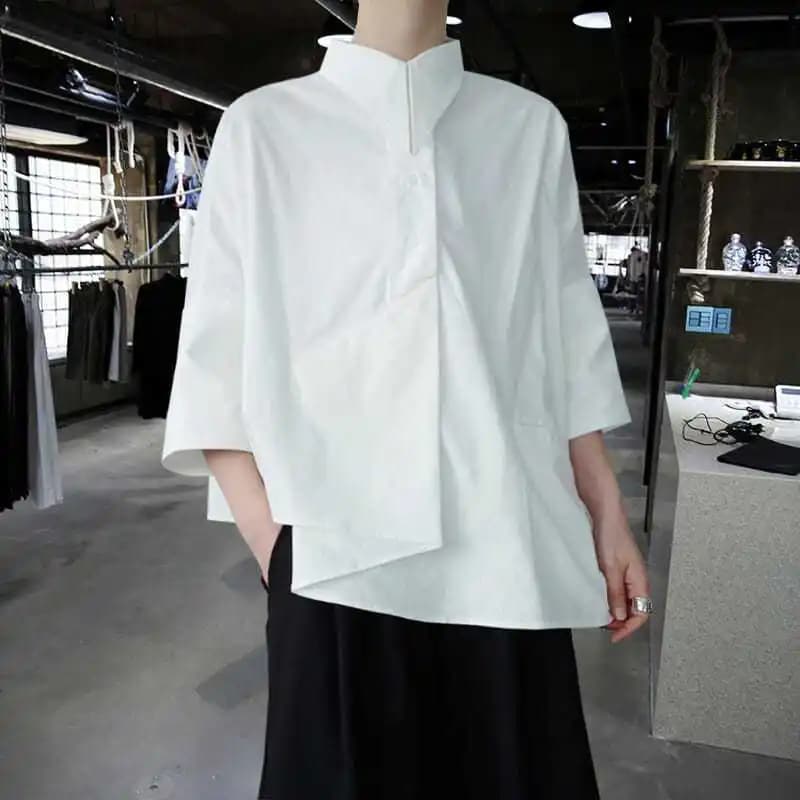 Irregular Shirt Men's Design Niche Five-point Sleeve Loose Short Sleeve Asymmetric White Shirt Half-sleeved Top Summer