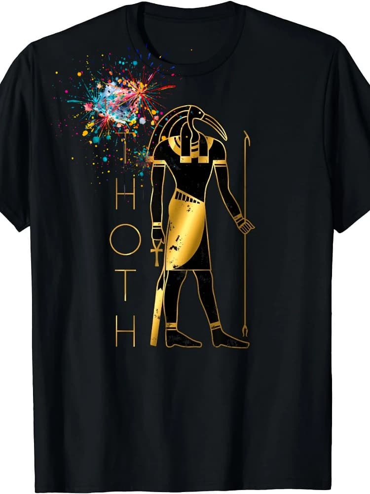 Egyptian God Thoth Graphic with Golden Accent design-100% cotton summer casual O-neck short sleeve printed men's T-shirt.