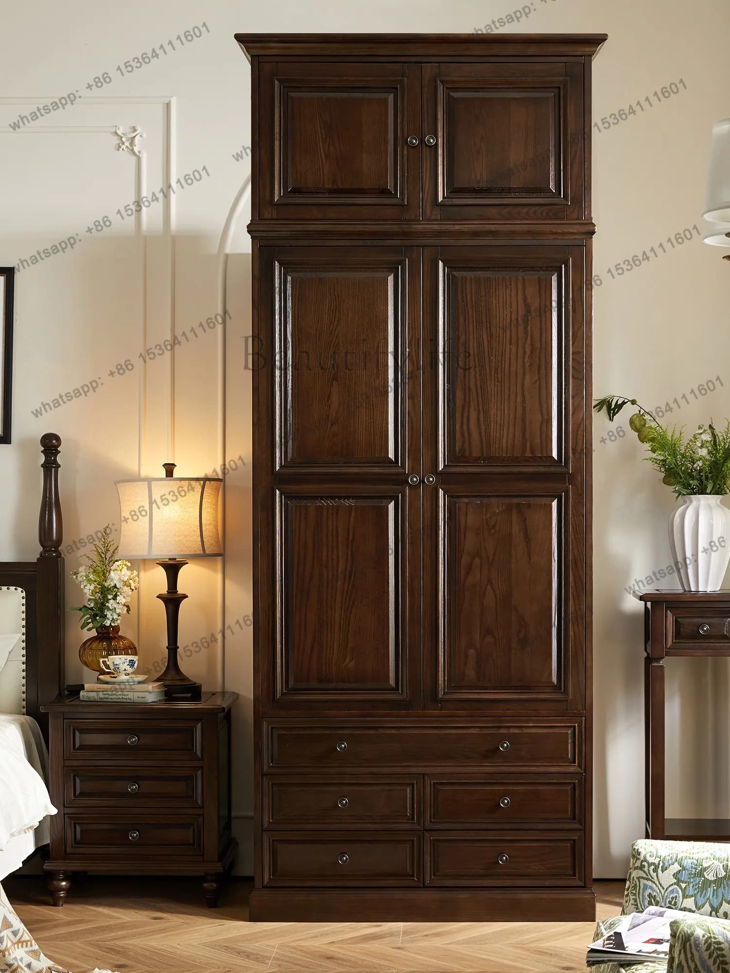 American all solid wood floor-to-ceiling wardrobe top cabinet storage retro furniture