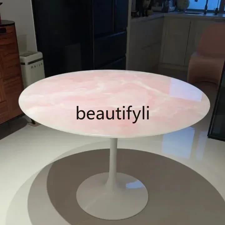 DD45 Italian Style Light Luxury High-End Pink Crystal Marble Dining Table Natural Pink Jade Luxury Stone Table
