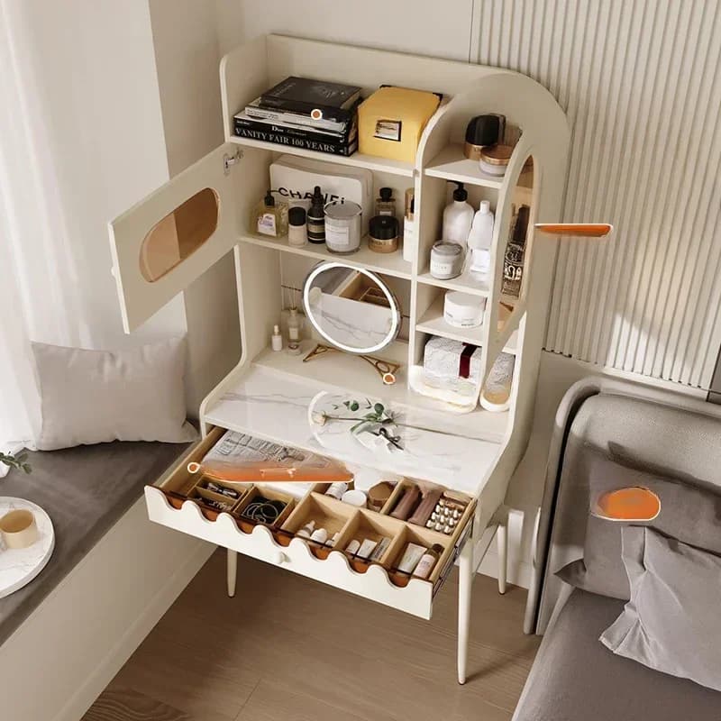 m Modern Vanity Table with Glass Top, Drawers, Charging Ports and LED Mirror m
