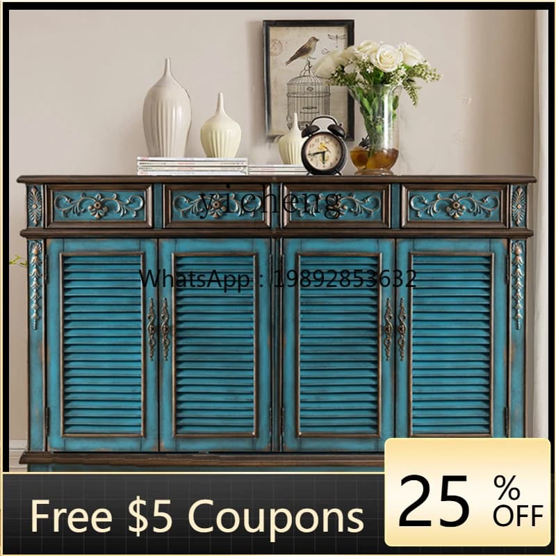 breathable shoe cabinet household entrance door solid wood louver European porch cabinet retro balcony furniture