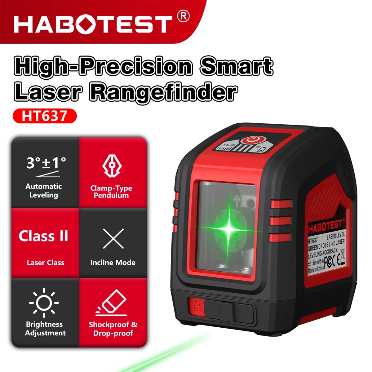 HABOTEST HT637 Green Laser Level Self Leveling Cross Line Laser 30M Visible High Precision Alignment Measuring DIY Level Tool