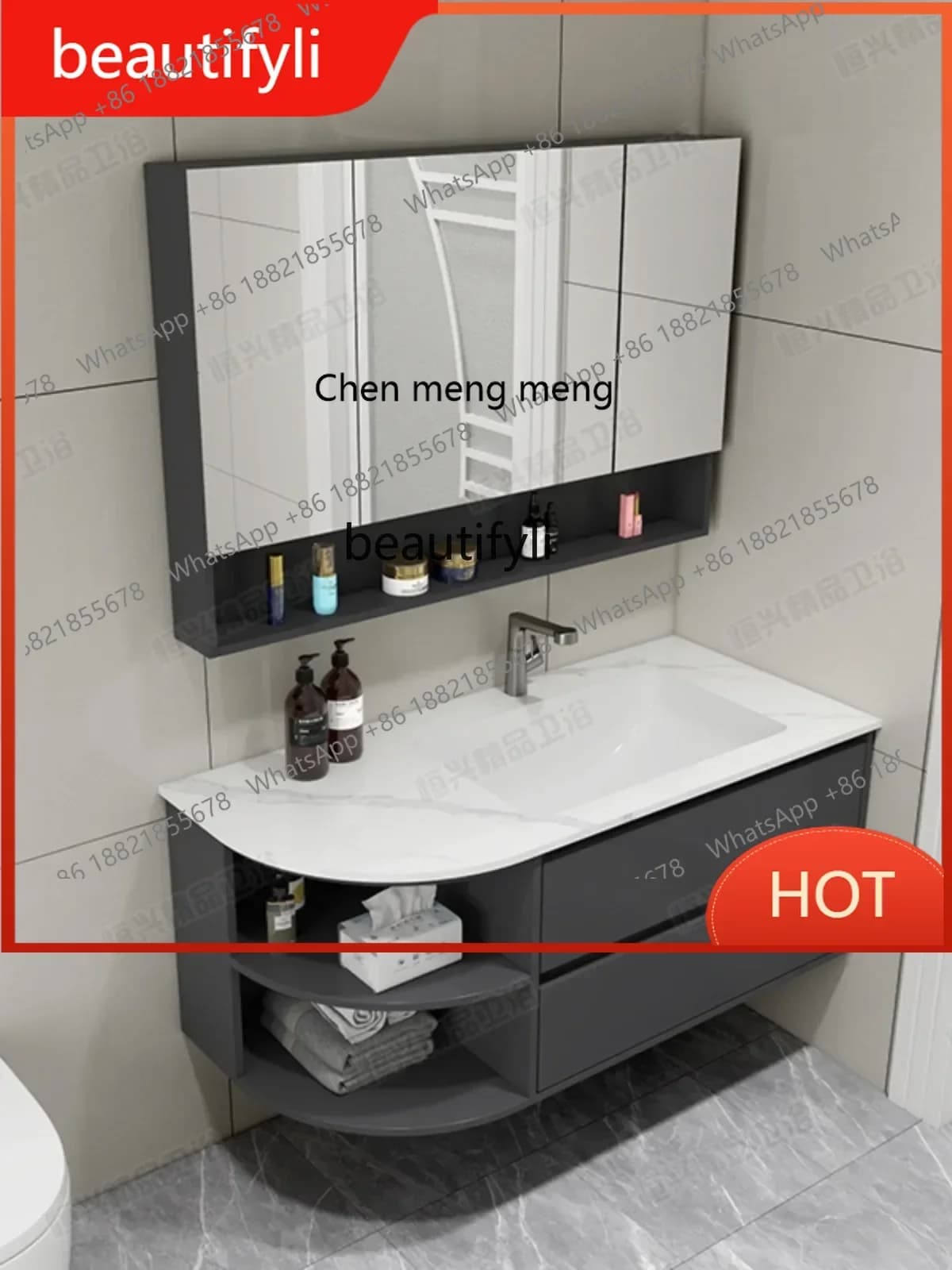 G8578 Rounded Corner Stone Plate Seamless Ceramic Basin Multi-Layer Solid Wood Bathroom Cabinet Simple Bathroom Table