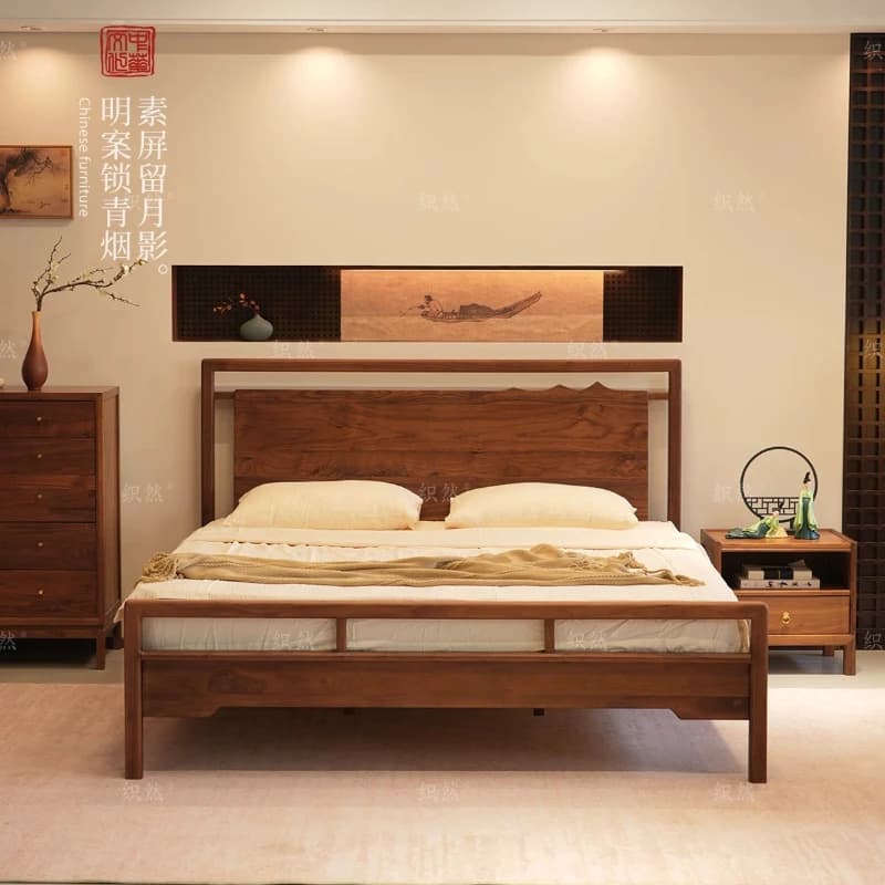 YJQ solid wood bed black walnut new Chinese double bed 1.5m 1.8m master bedroom queen bed bedroom furniture