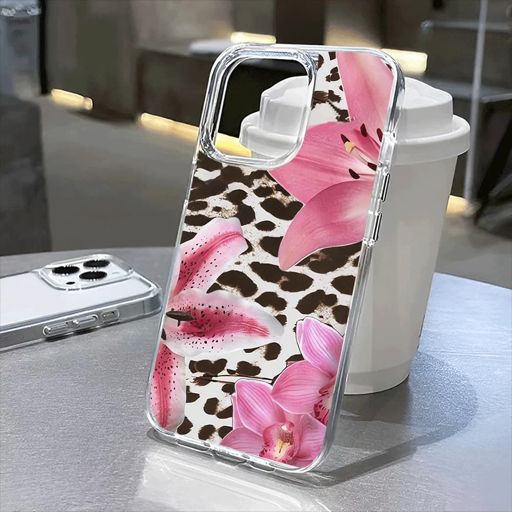 Flower leopard print clear case for iPhone 16, 16 Pro, 16 Pro Max, 16 Plus to iPhone 11, 12, 13, 14, 15 series.