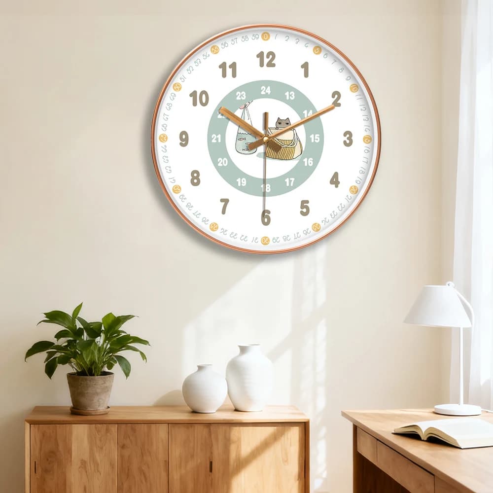 Kids Educational Wall Clock Cute Cat Fish Design Color Numbers Silent Movement Clock For Classroom Bedroom Time Learning Tool