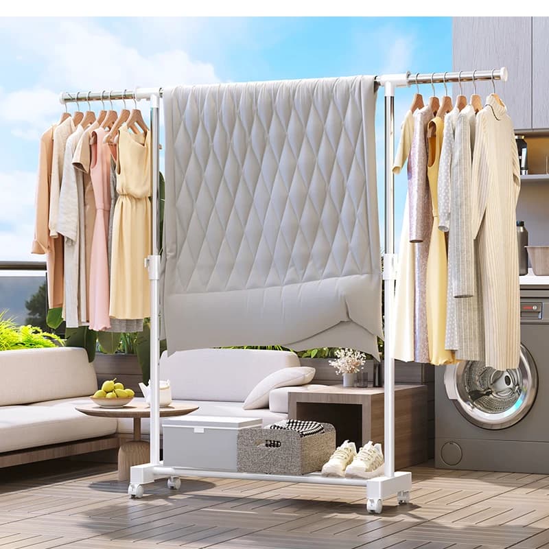 Single Pole  Floor-Standing Metal Retractable Clothes Drying Rack Shoe Storage Box Clothes Hanger for Bedroom Balcony Courtyardp