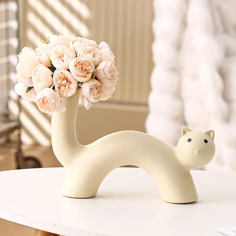 Mini Cartoon Cat Vase Creamy Style Ceramic Flower Pot For Home Living Room Desktop Tabletop Decor Simulation Flower Arrangement