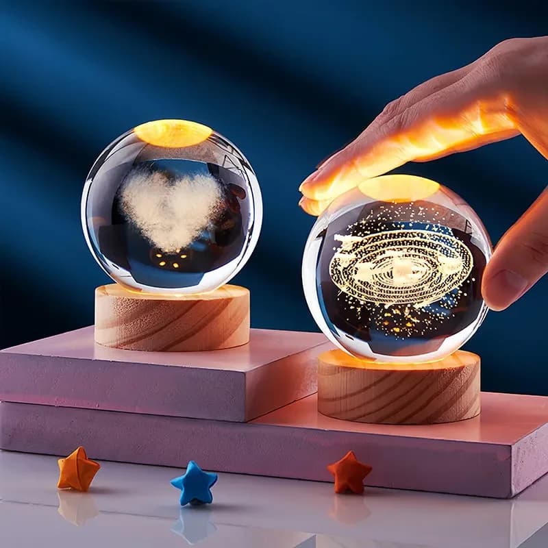 3D Saturn Crystal Ball Laser Engraved Glass Ball Globe Galaxy Astronomy with Wood Base Planets Ball for Birthday Christmas