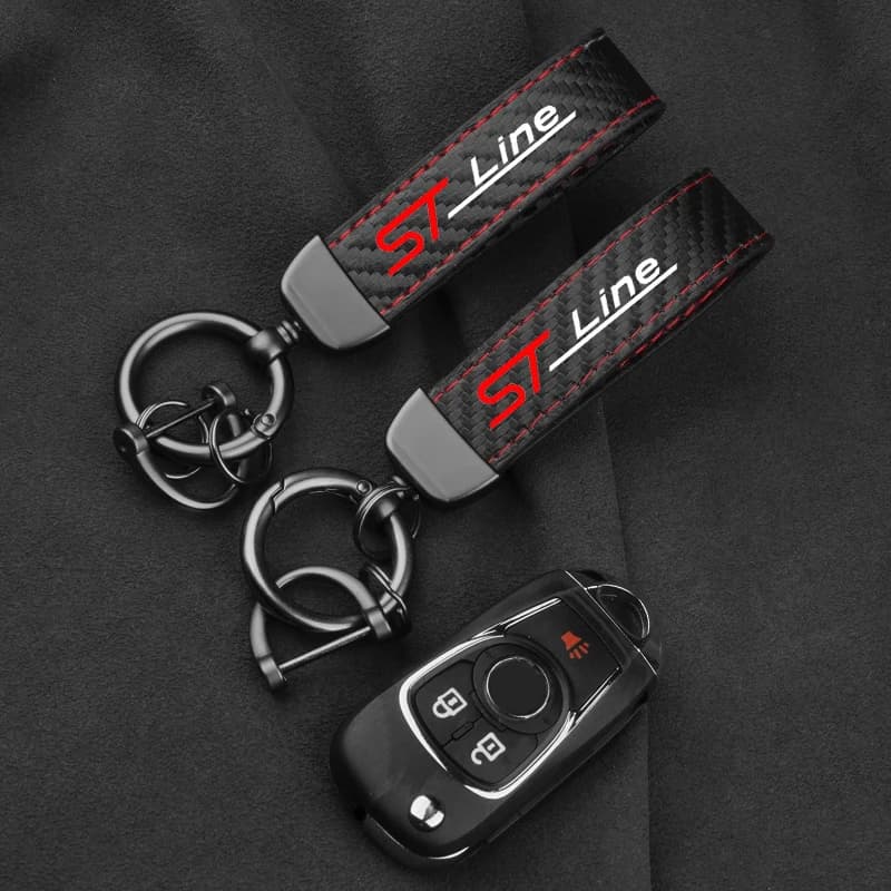 Carbon Style Leather Keychain Horseshoe Buckle for Ford ST Line Kuga Fiesta Car Key Ring Interior Decoration Accessory