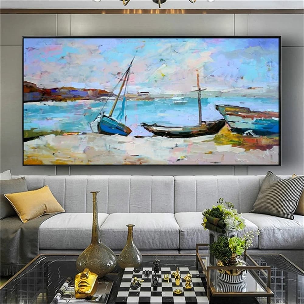 Pop Boat On The Beach Modern Pure Hand-painted Oil Painting Small Fishing Village With Sea View Canvas Picture Home Decor Mural