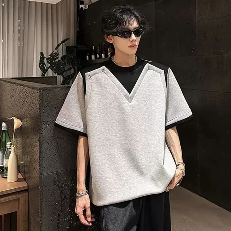 Men 2026 Summer New Arrival V-Shape Contrast Color Rivet Waffle Knit Loose Raglan Sleeve Casual Streetwear T-Shirt Trend Tops