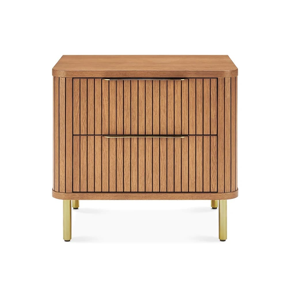 Mid Century Modern  Bedroom Beside Table Wood Fluted 2-Drawer Nightstand for Bedroom
