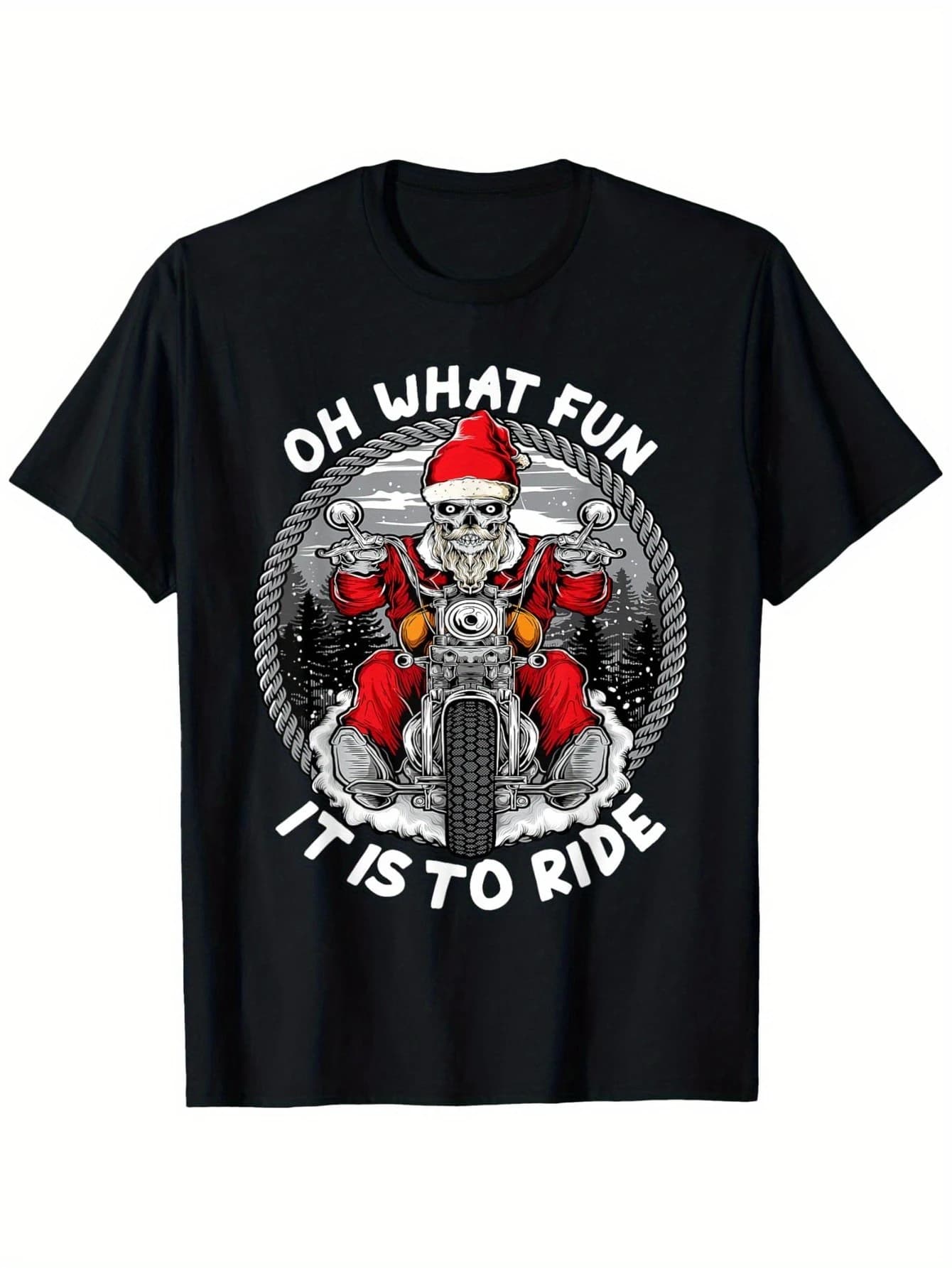 Men's casual round neck 100% cotton, geometric Santa Claus motorcycle rider-four seasons short-sleeved printed T-shirt.