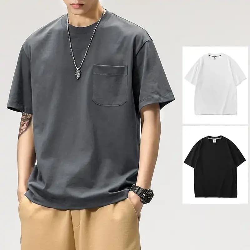 Simple Solid Color Round Neck Short Sleeve T-Shirt For Men Casual Daily Wear Soft Comfortable Design With Front Pocket