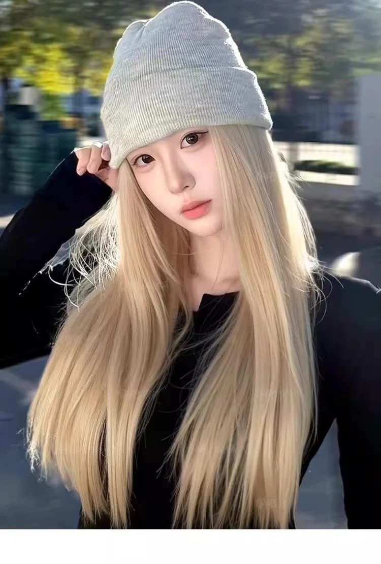 Hat Wig Integrated Women's Atmosphere Long Straight Hair Knitted Hat Natural Daily Wig Headgear