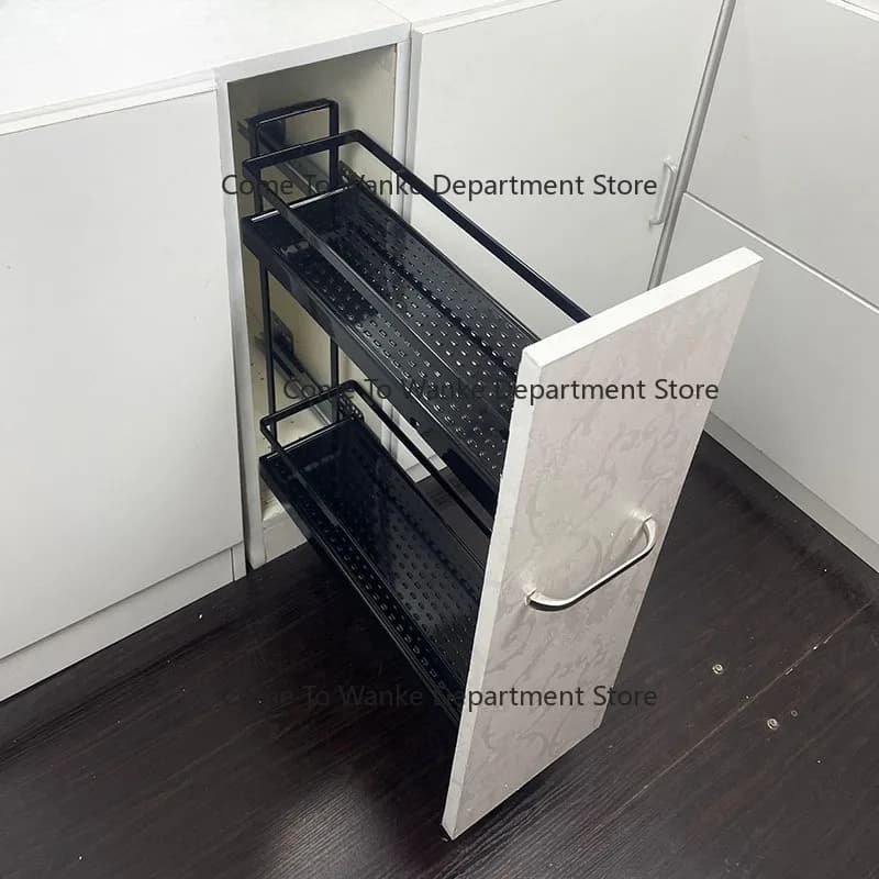 Pull-out kitchen cabinet spice basket for narrow side spaces with soft-close rails, suitable for small 150cm or 200cm cabinets