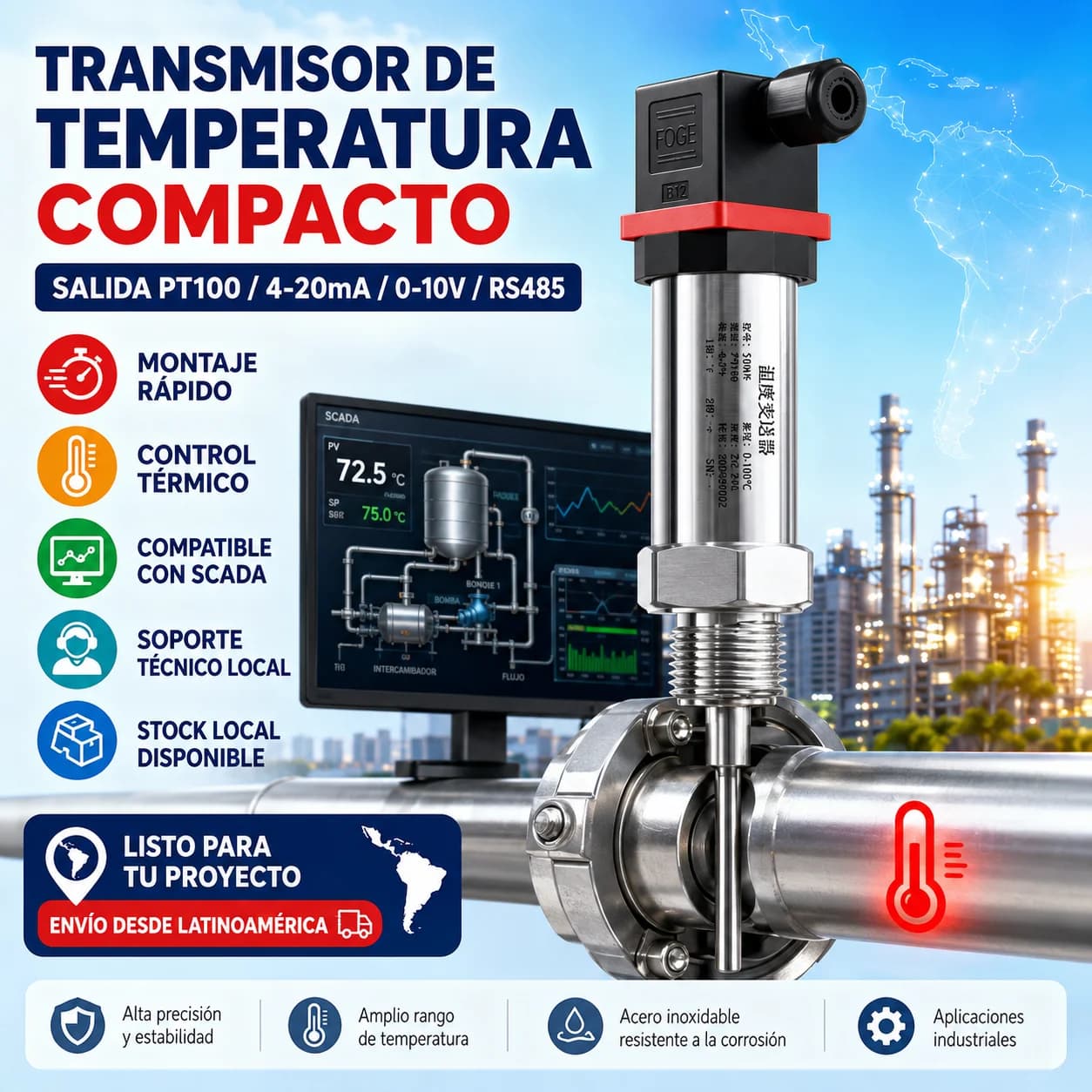 Temperature Transmitter Integrated Temperature Probe Stainless Steel Probe 4-20Ma 0-10V Rs485 Input Pt100 Pt100 Sensor with Transmitter for Plc and Scada