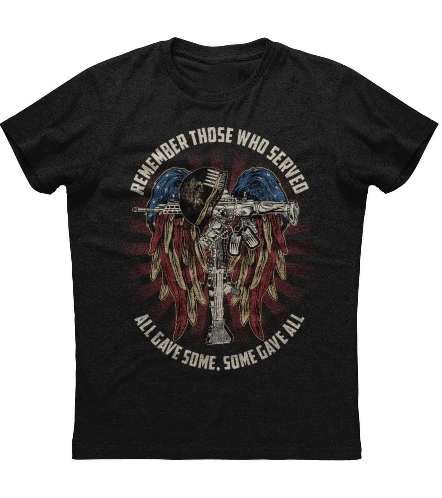Remember Those Who Served. USA Flag Gun Cross Veteran T-Shirt 100% Cotton O-Neck Short Sleeve Casual Mens T-shirt Size S-3XL
