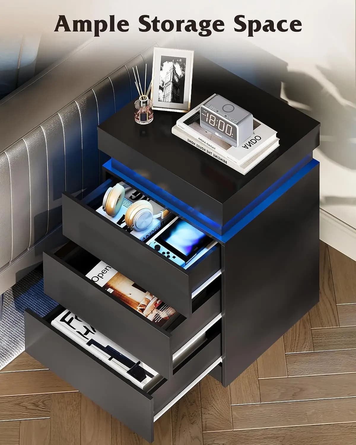 Black Nightstand with Charging Station, Night Stand with Sliding Top