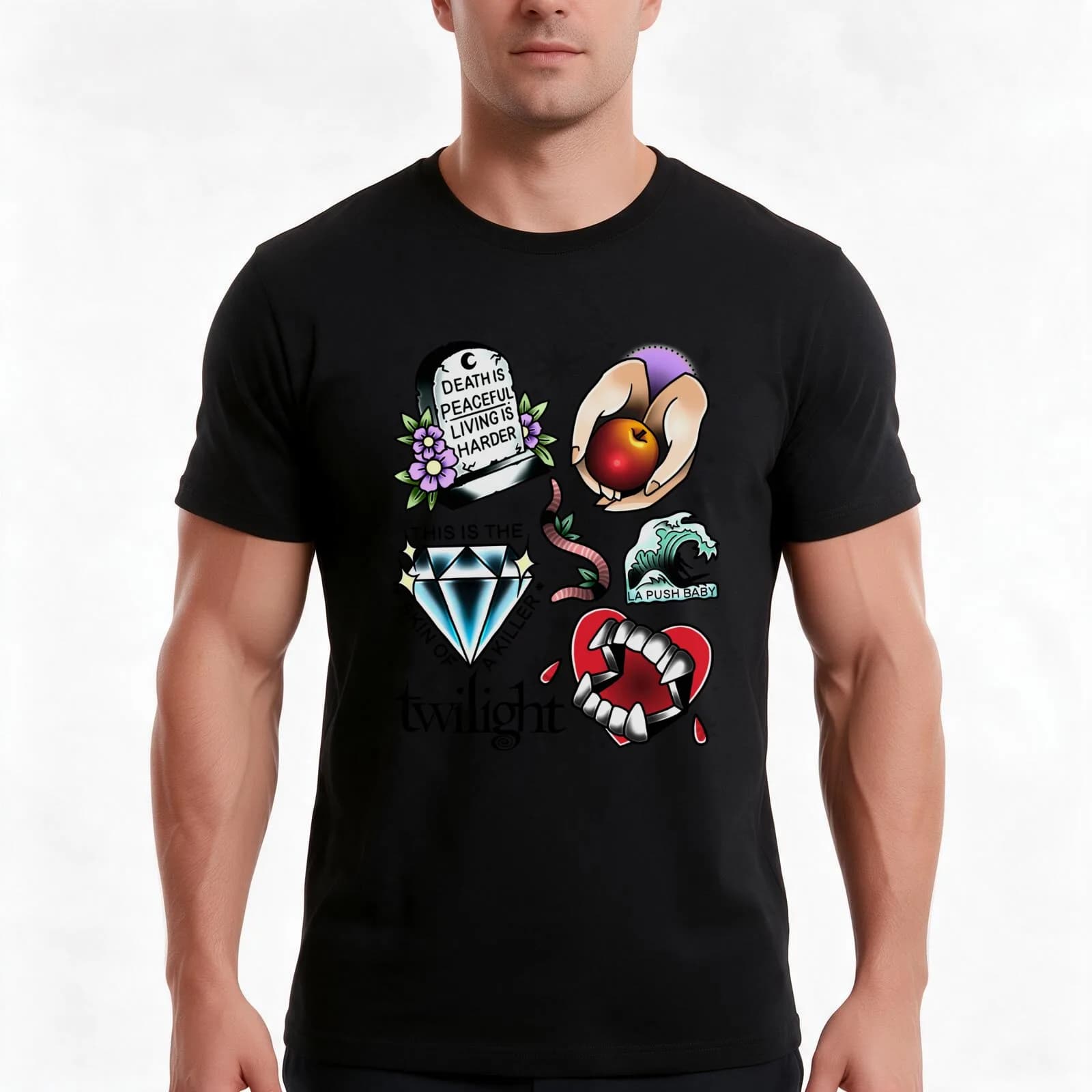 Twilight Inspired Tattoo Flash Sheet T-Shirt, Summer Casual Cotton Tee, Oversized Streetwear Tops, Vintage Graphic Print