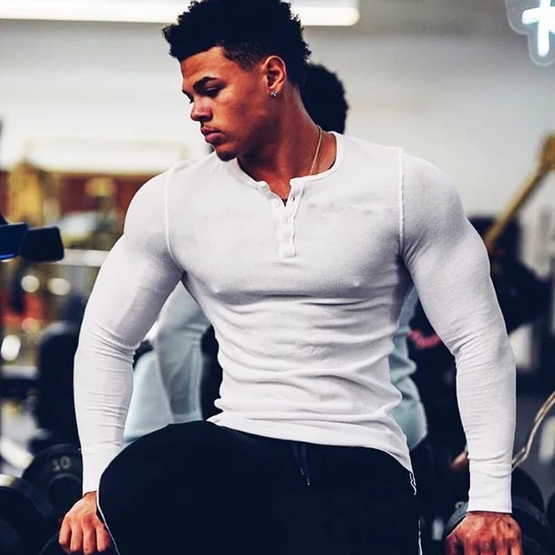 Men's Muscle Fit Ribbed Knit Long Sleeve Henley Shirt Stretch Sports Casual Fitness Top Spring Autumn 2026 New