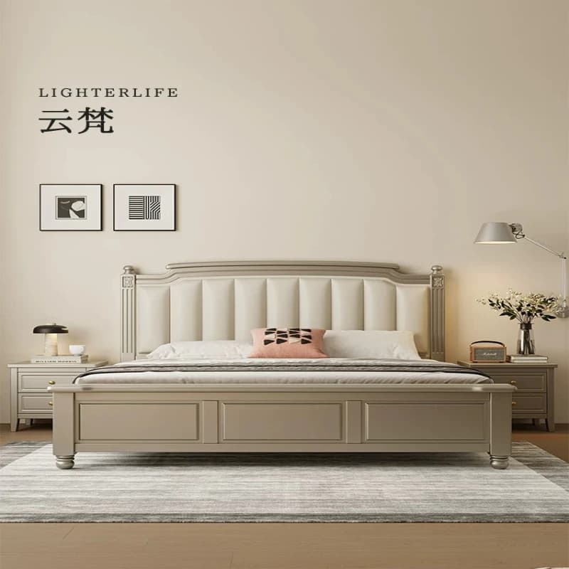LH solid wood headboard, cowhide upsoft upcycling, light luxury master bed, high-end bed