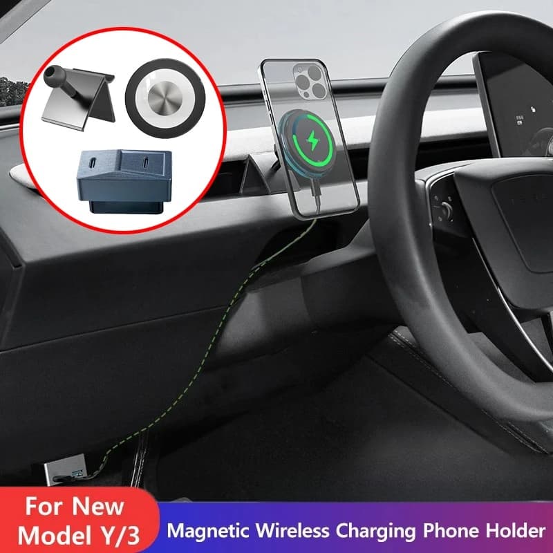 Transparent Magnetic Car Charger Mount for Tesla Model Y Juniper 2025 Model 3 Highland 2024 - 2025 15W Wireless Fast Charging