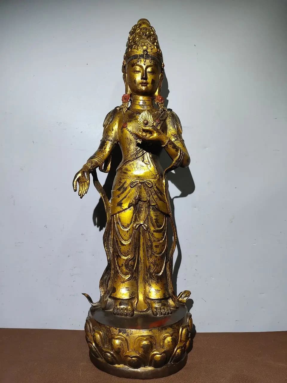 31"Tibetan Temple Collection Old Bronze Gilded Cinnabar Northern Wei Buddha Guanyin Bodhisattva Standing Buddha Worship Hall