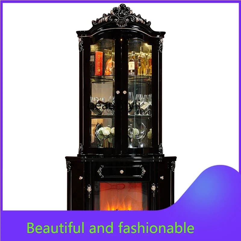 xzEuropean Style Corner Cabinet Ebony Color Fireplace Curio Cabinet Living Room American Style Luxury Semicircle Five Corners