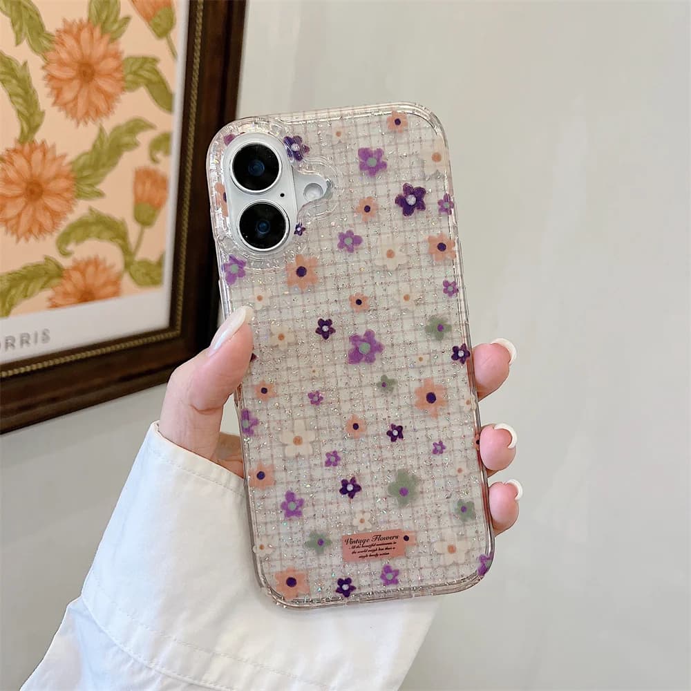 Glitter Grid Purple Small Floral Phone Case For iPhone 15 16 17 18Pro Max Vintage Flower Print Clear Shockproof Protective Cover