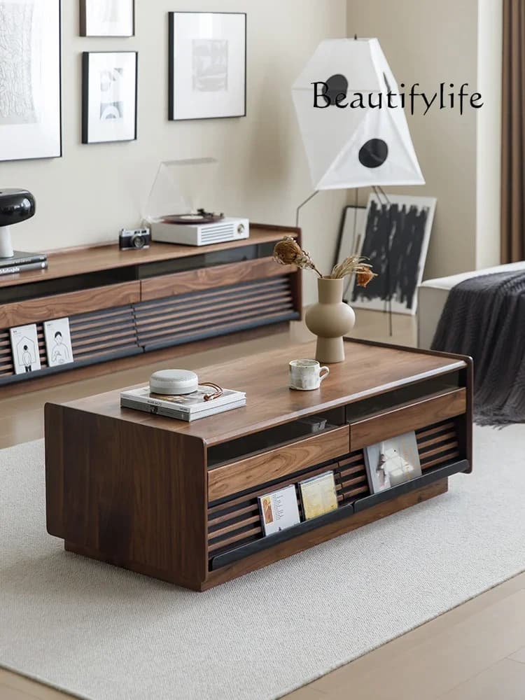 X40 Nordic Black Walnut Coffee Table Living Room Small Apartment All Solid Wood Minimalist Tea Table TV Cabinet Combination