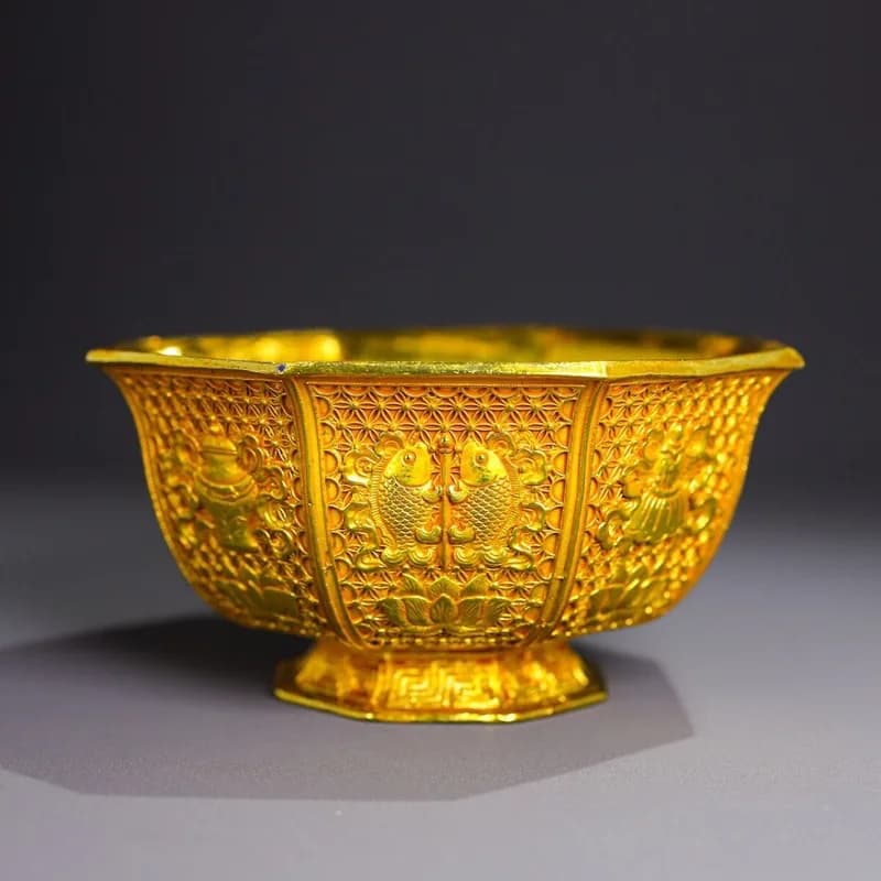 Chinese-style gilded eight-treasure ornament, gold bowl for living room, study, bookshelf, counter, and decorative item