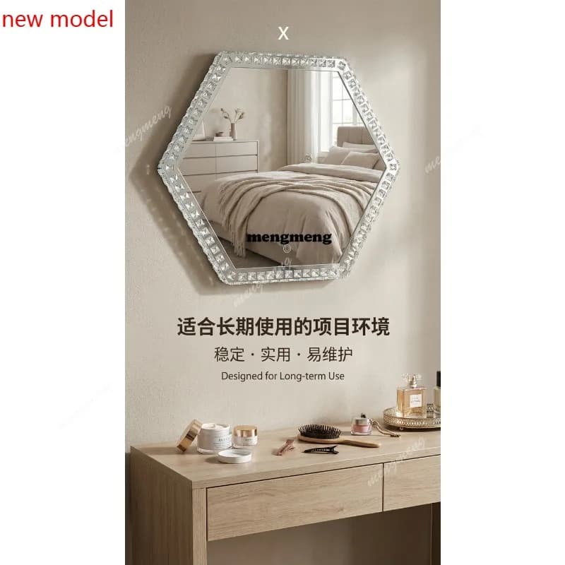 M138Customized crystal makeup mirror with lamp non-standard hexagonal makeup mirror