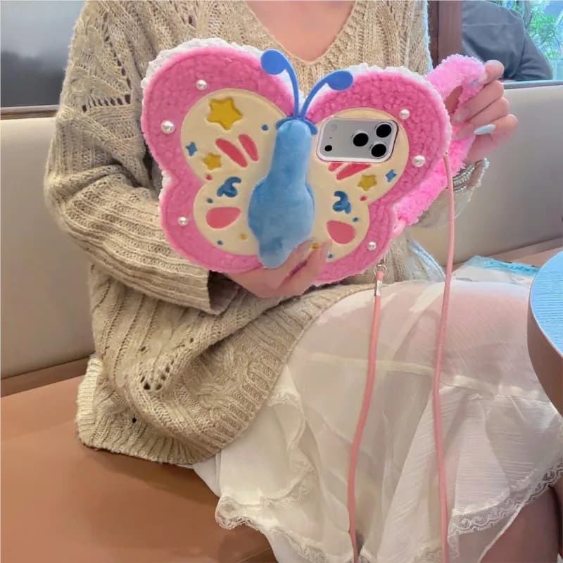 Plush Butterfly Cute Cartoon Phone Case for iPhone 17 Pro MAX 16 15 14 Pro Max Fluffy with a Handle Dopamine Shockproof Cover