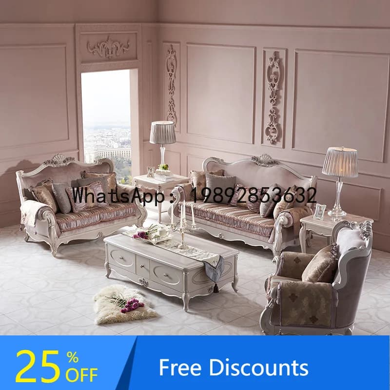 European Style Fabric Sofa with Solid Wood Carving American Style Fabric Sofa for Small and Large Apartments