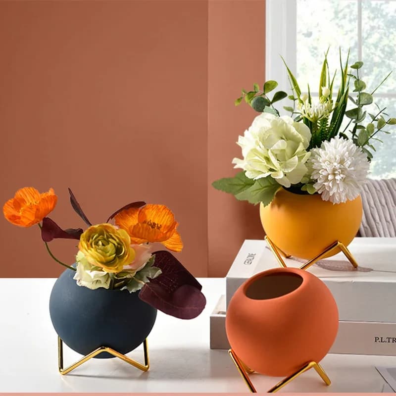 Nordic Ball Ceramic Desktop Flower Pot with Iron Bracket Vase And Plant Set Living Room Home Wedding Decoration