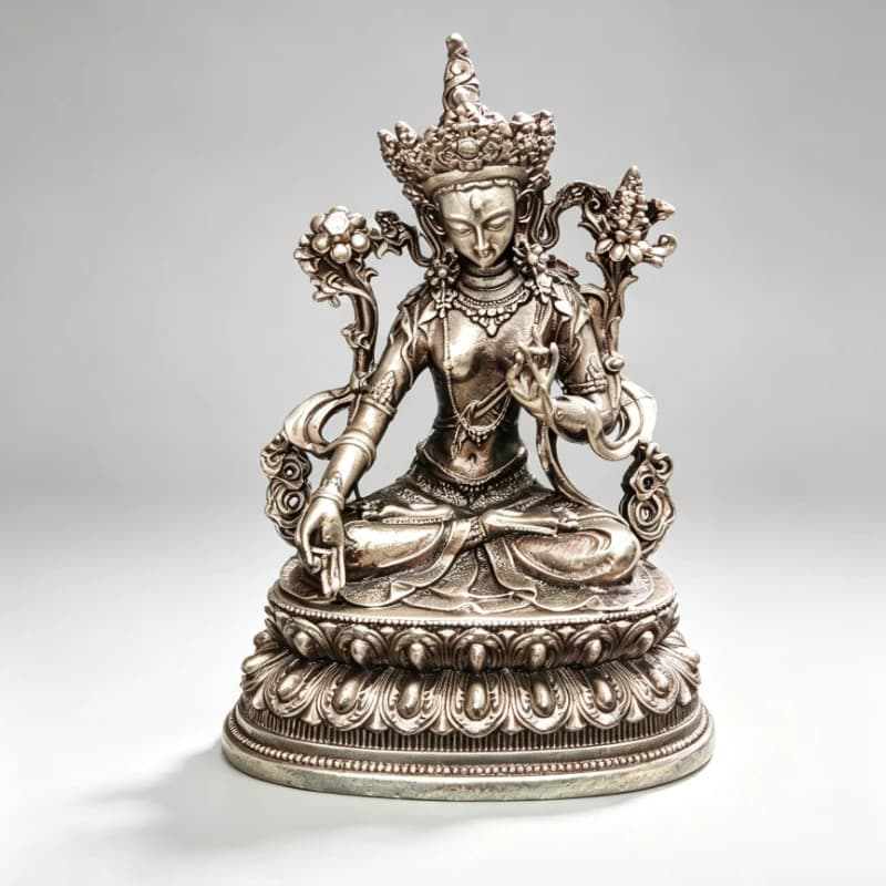 Antique Silver Finish White Tara Buddha Statue, Tibetan Longevity Goddess Sculpture for Meditation Shrine Home Ornament