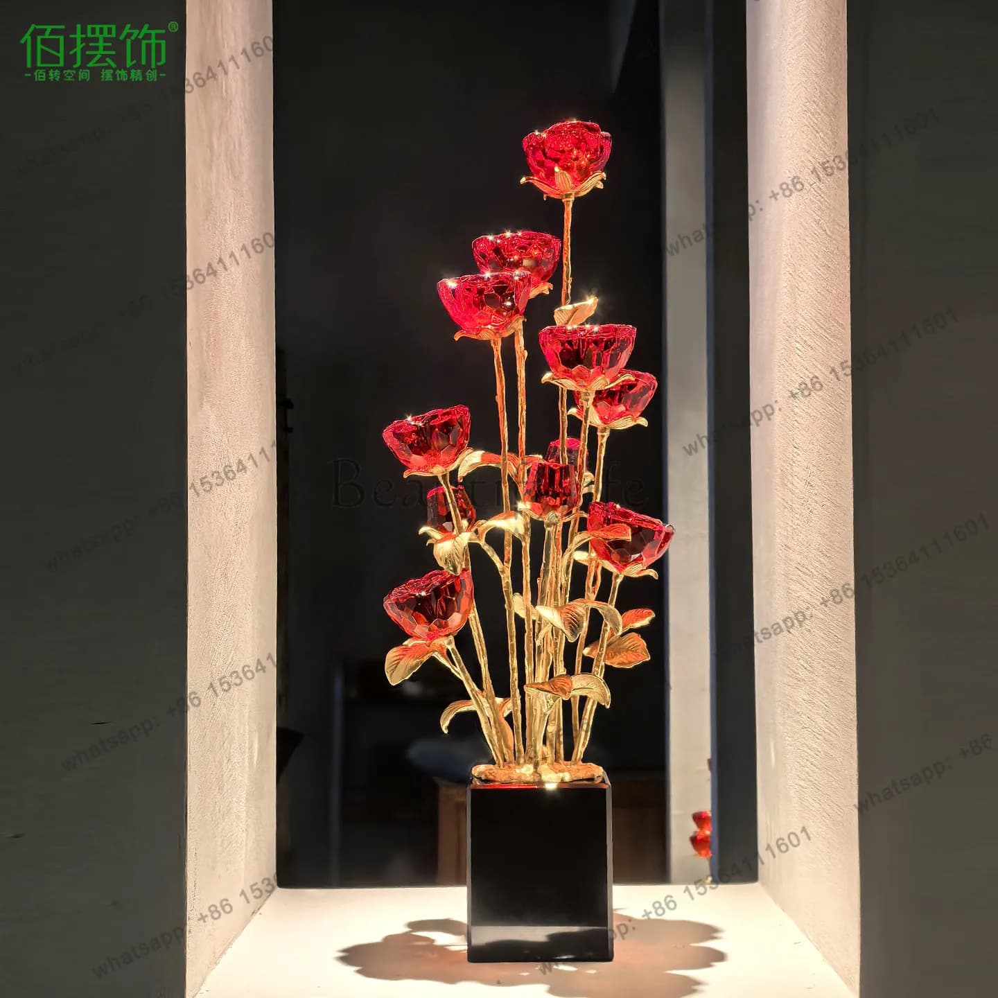 High-end brass rose ornaments crystal red rose immortal flower living room table decorations