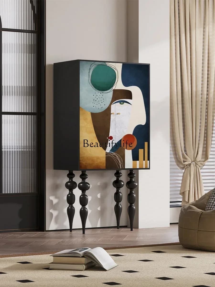 D06Art Storage Wall Decoration Side Cabinet Modern Minimalist Solid Wood High Leg Storage Cabinet
