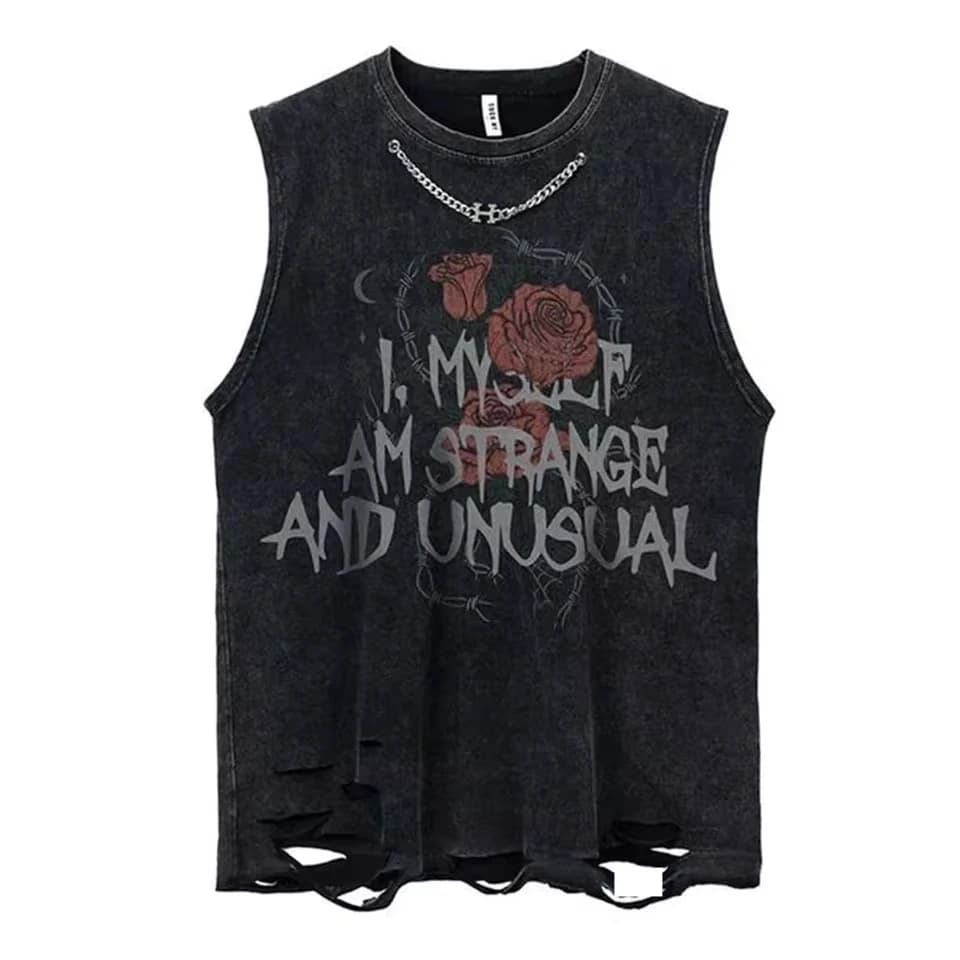 Mens Casual Washed Distressed Vest  Summer New Fashion Versatile Hole Printed Metal Necklace Sleeveless T-Shirt For Men