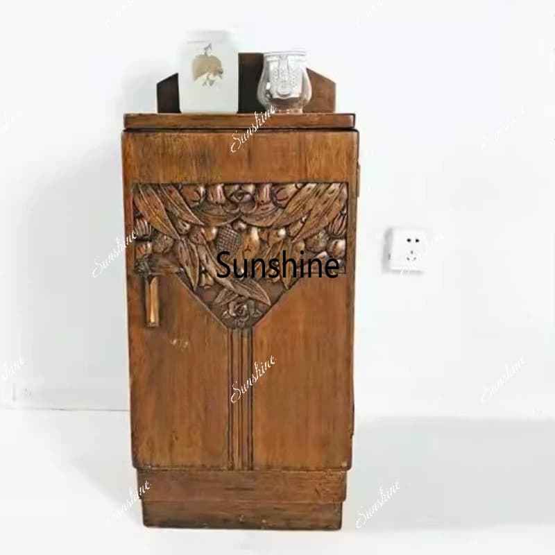 Solid wood bedside table, vintage side table, neoclassical teak color storage cabinet