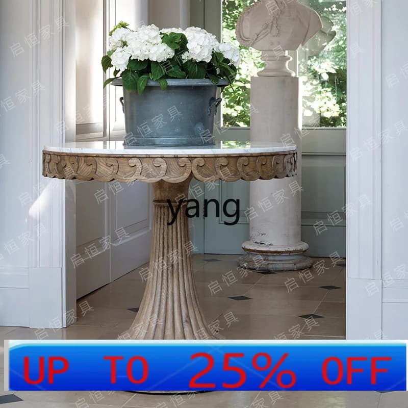 LH  solid wood dining table household small apartment round table modern marble log table