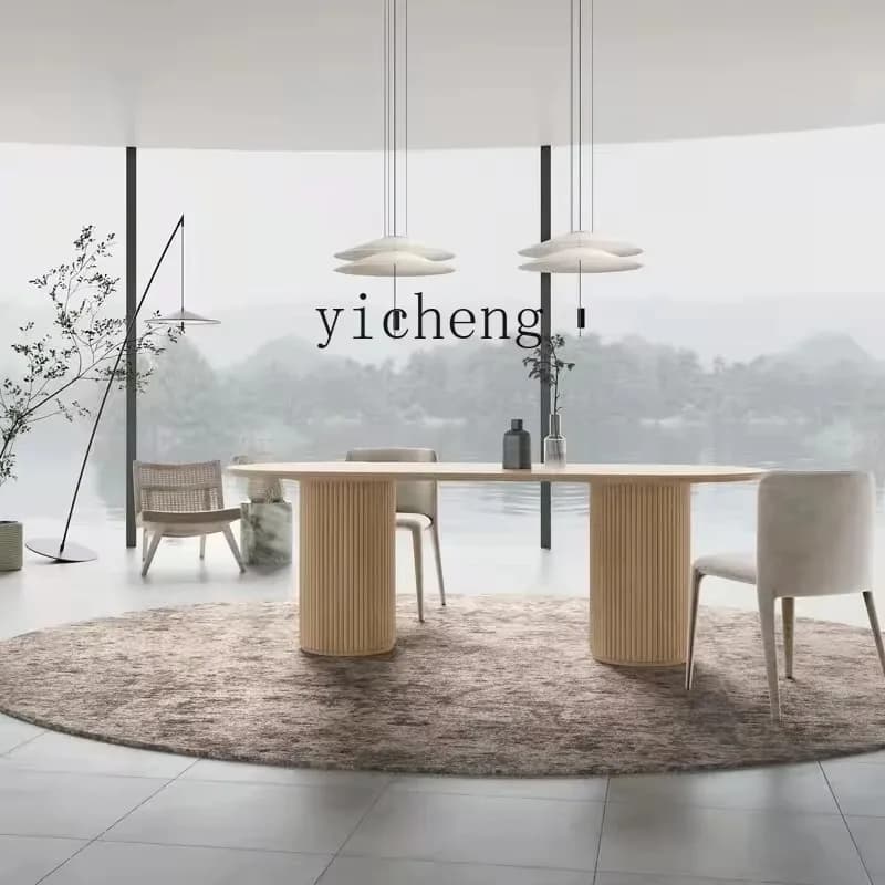 CZ-17 Oval Solid Wood Dining Table Modern Minimalist Stone Plate Dining Table Roman Column Log Conference Table