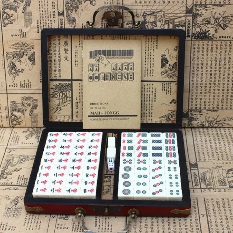 Antique Mahjong Box Mini Mahjong Tourist Mahjong with Vintage Leather Box and Instruction Manual
